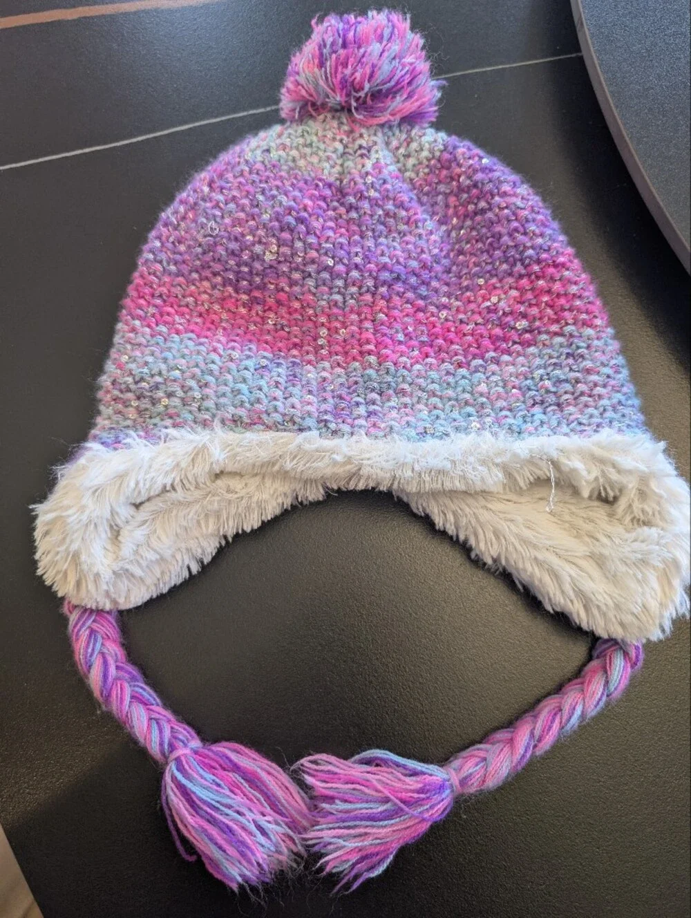 Kids Faux-Fur Lined Knit Pom-Pom Hat - Pink & Purple